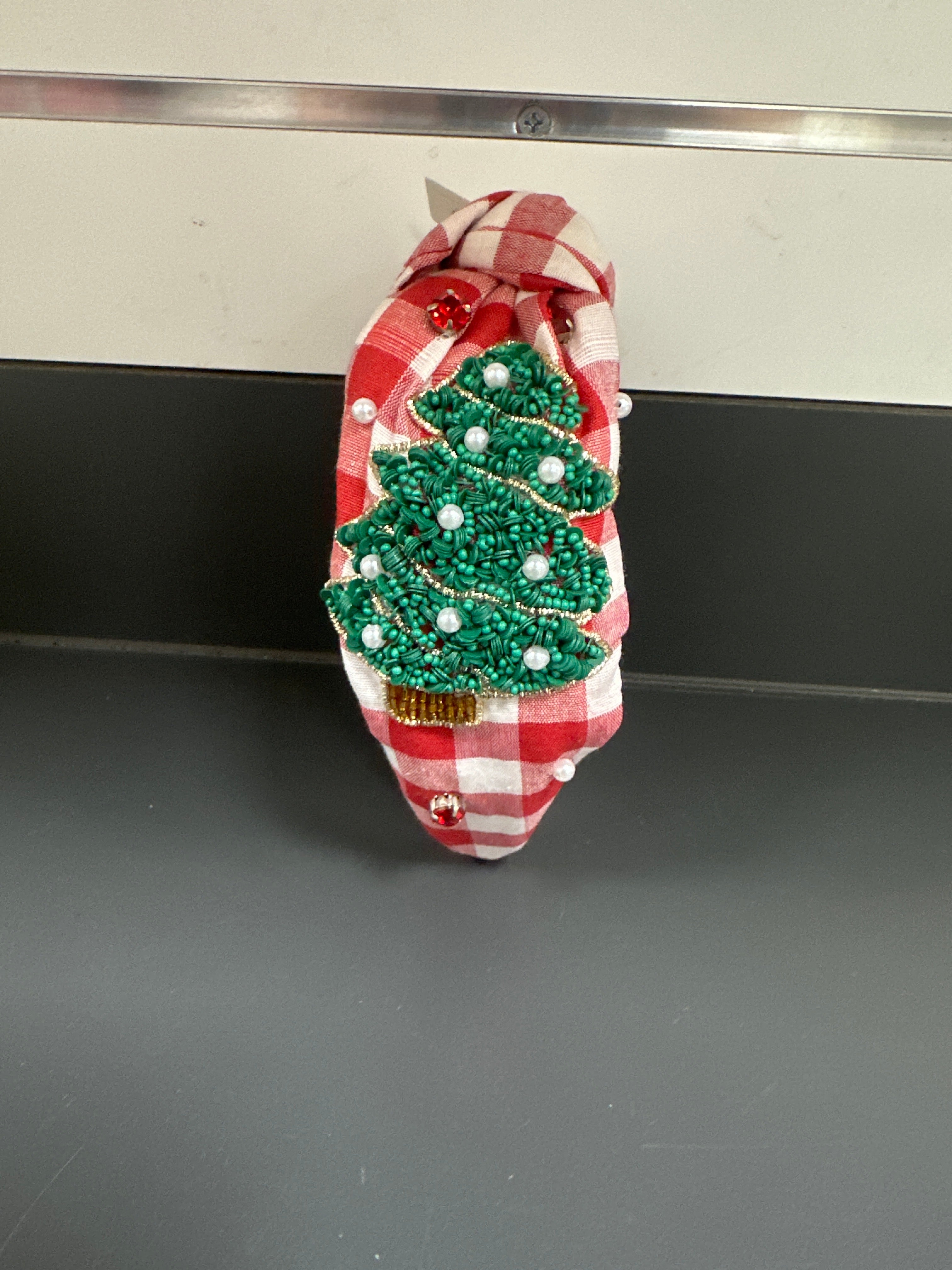 CHECKER TREE BOW HEADBAND - RED