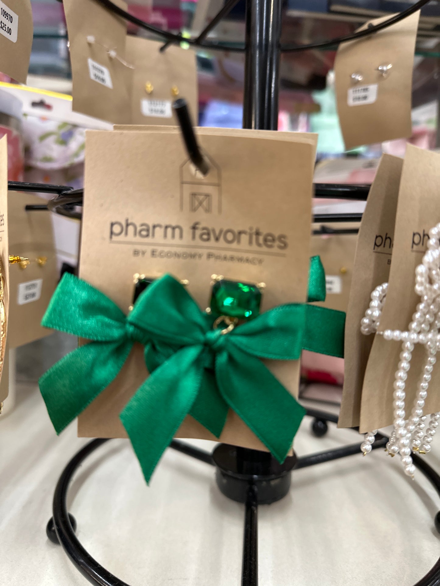 GREEN STONE W/GREEN BOW EARRINGS