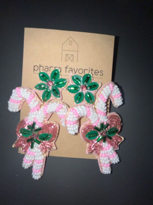 BEADED CANDY CANE PINK EARRING