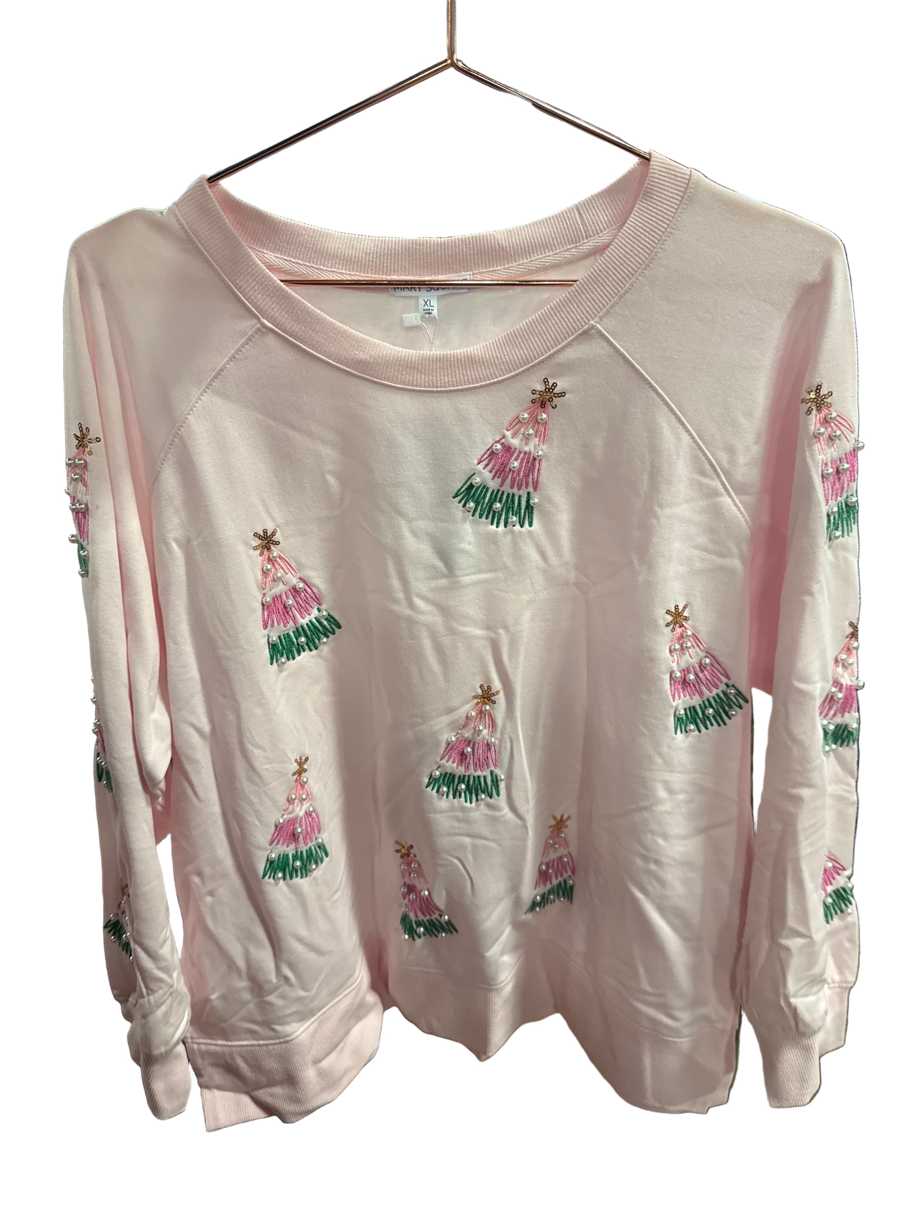 PINK CHRISTMAS TREE EMBROIDERED AND PEARL EMBELLISHED SWEATSHIRT