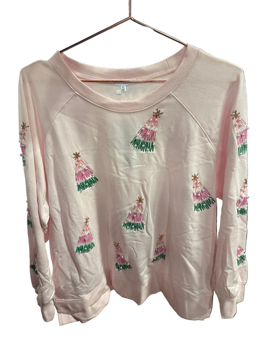 PINK CHRISTMAS TREE EMBROIDERED AND PEARL EMBELLISHED SWEATSHIRT
