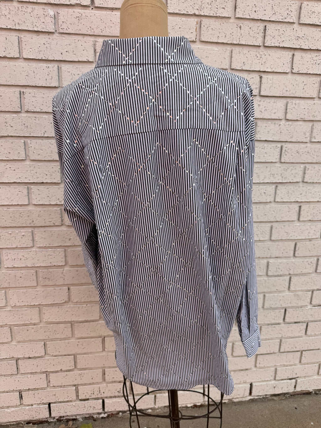 Black Pinstripe Collared Shirt with Rhinestone Detail