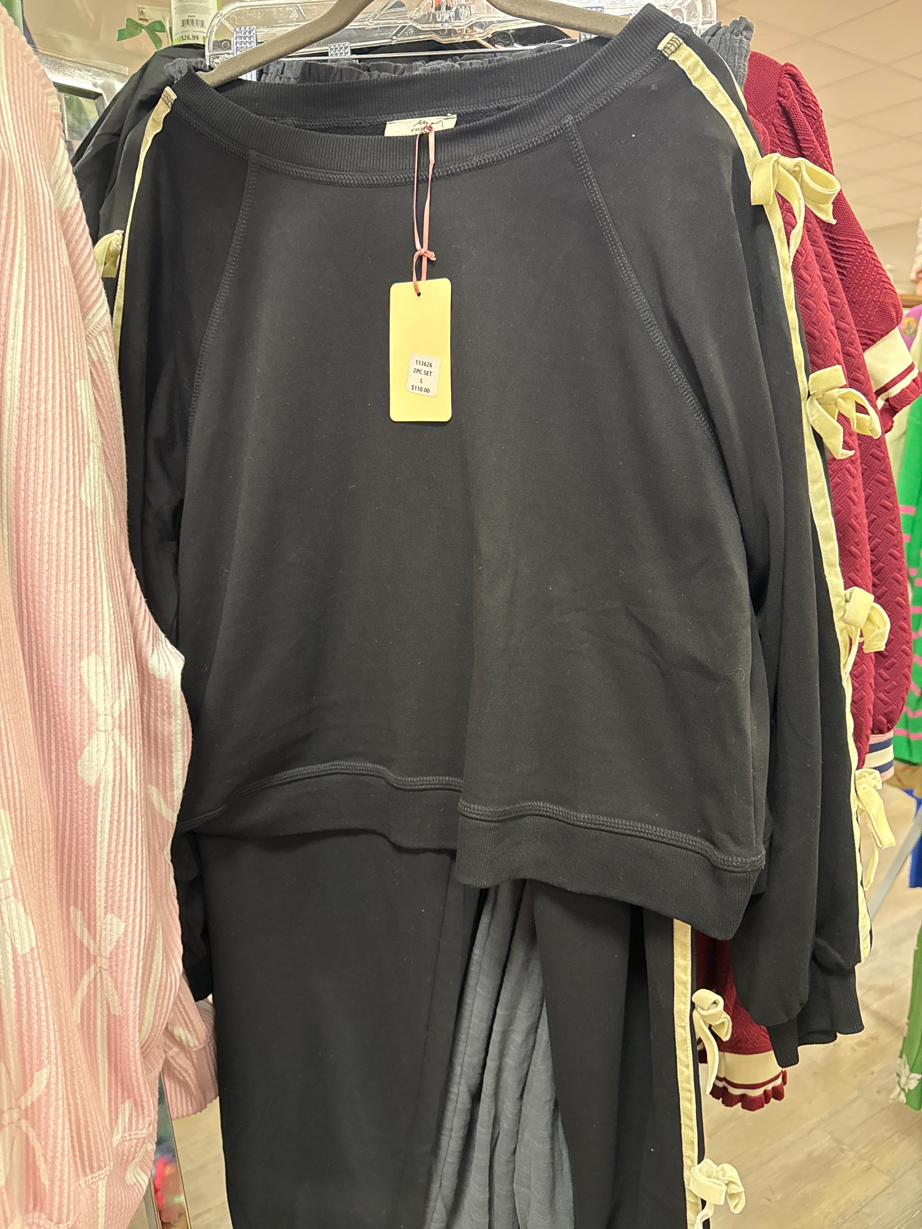 BLACK 2PC PANT SET W/SAND VELVET RIBBON TRIM