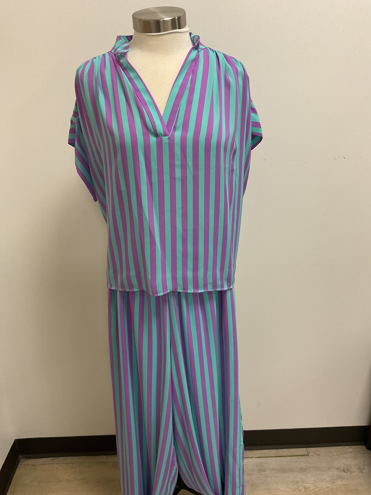 PURPLE/TURQUOISE STRIPED BLOUSE AND PANTS 2 PC. SET