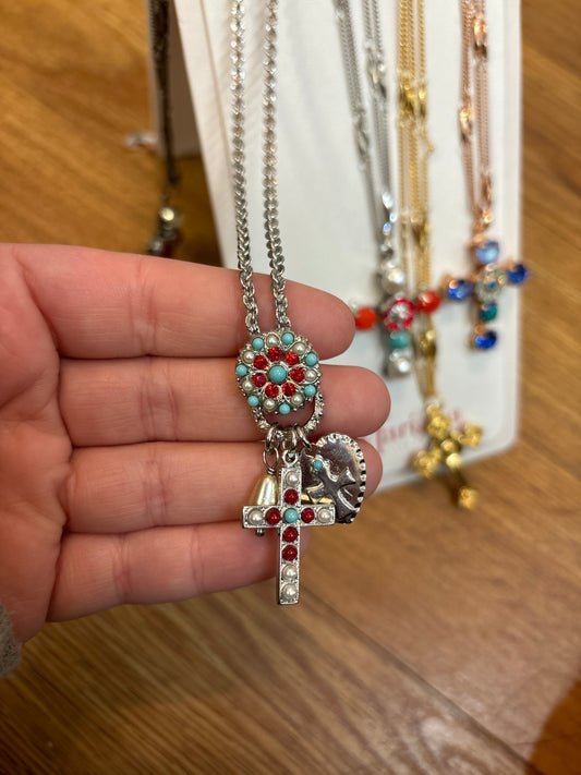 SLVR TURQUOISE/RED/PEARL MULTI CHARM NECKLACE