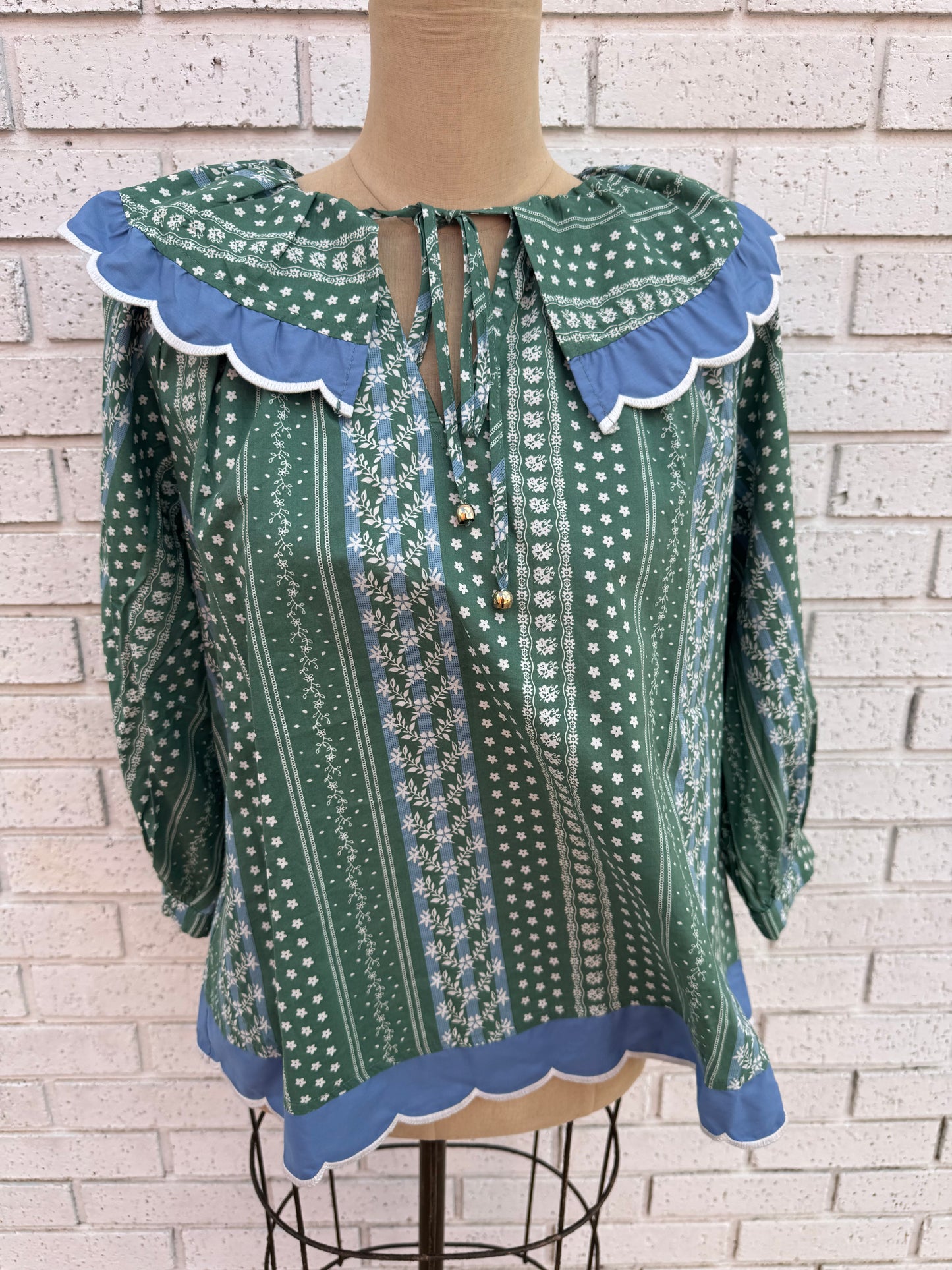 Green and Blue Floral Blouse with Peter Pan Collar