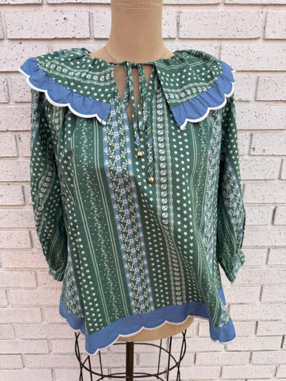 Green and Blue Floral Blouse with Peter Pan Collar