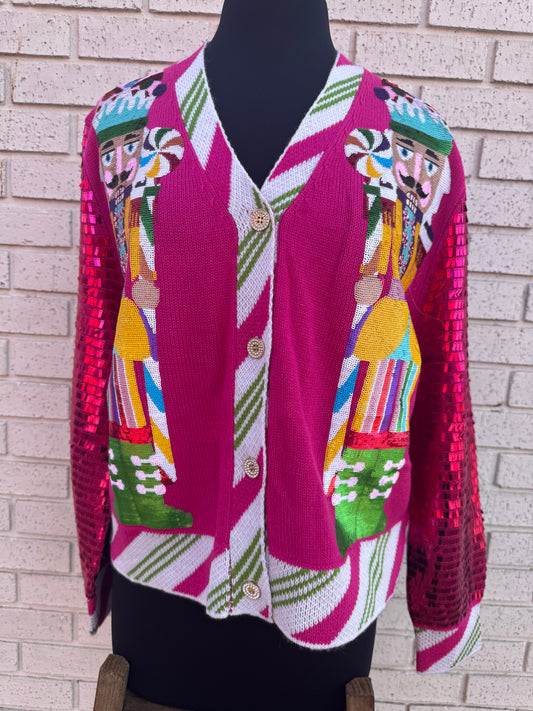 Hot Pink Peppermint Nutcracker Shard Sequin Sleeve Cardigan