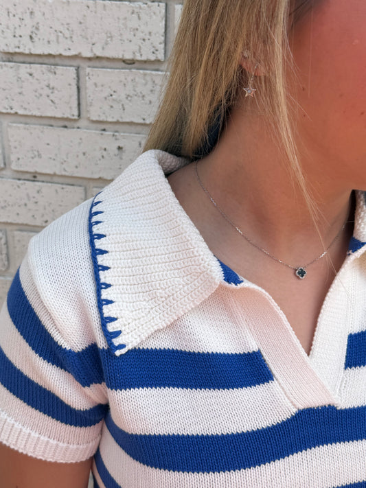 STRIPED KNIT TOP AND SHORTS WITH BLANKET STITCH 2 PC. SET - BLUE/WHITE