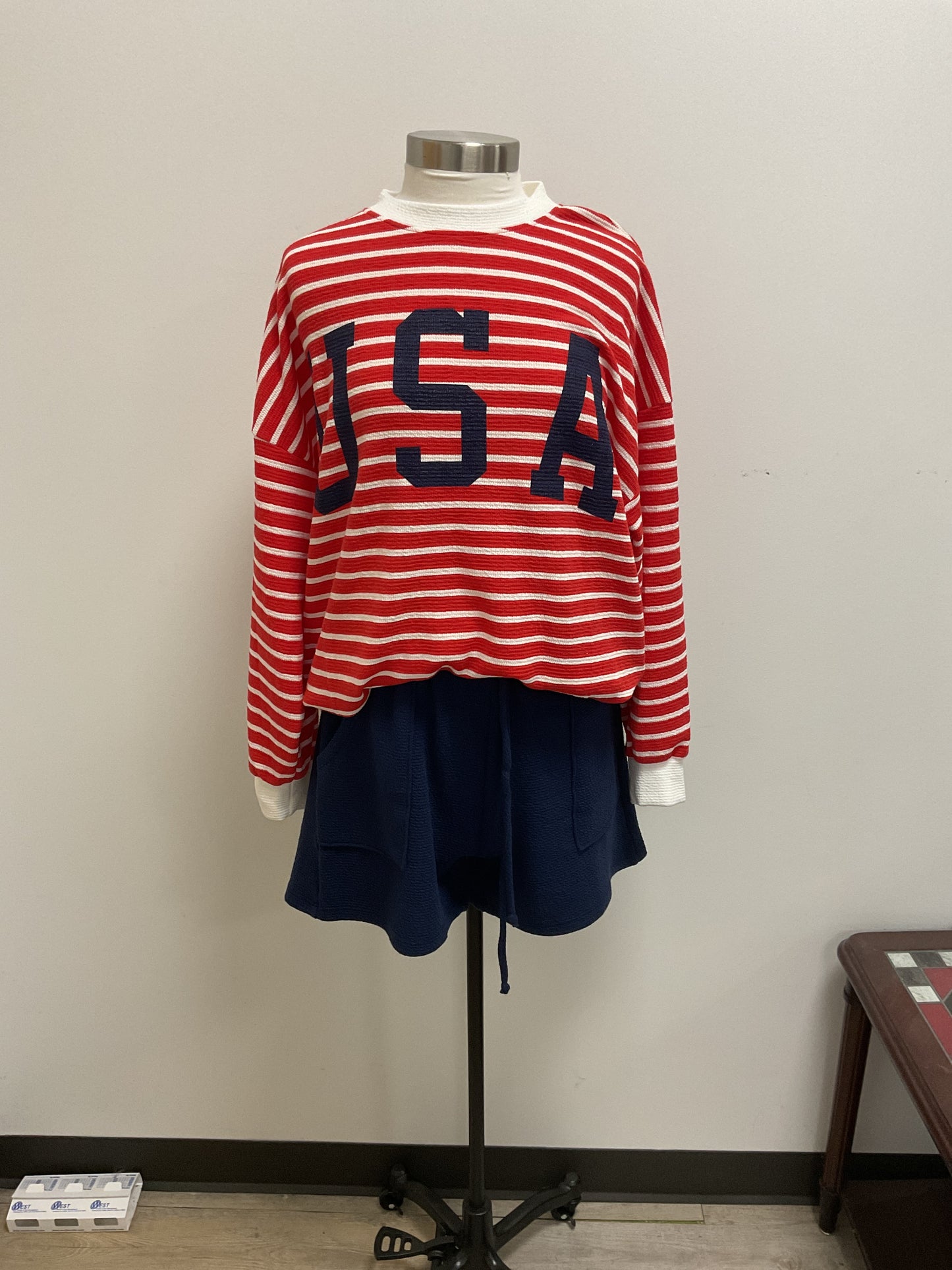 RED STRIPE USA LONG SLEEVE TOP AND NAVY SHORTS 2 PC. SET