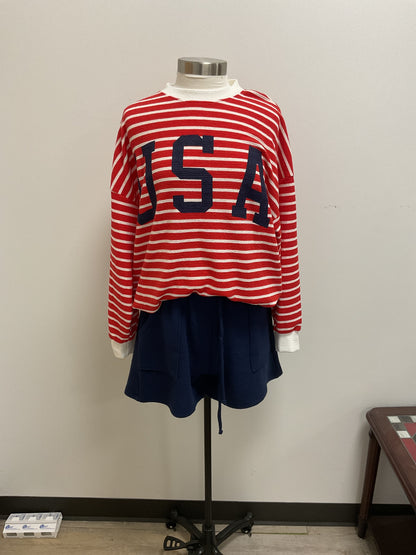 RED STRIPE USA LONG SLEEVE TOP AND NAVY SHORTS 2 PC. SET