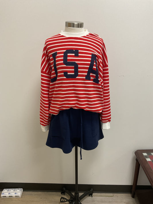 RED STRIPE USA LONG SLEEVE TOP AND NAVY SHORTS 2 PC. SET
