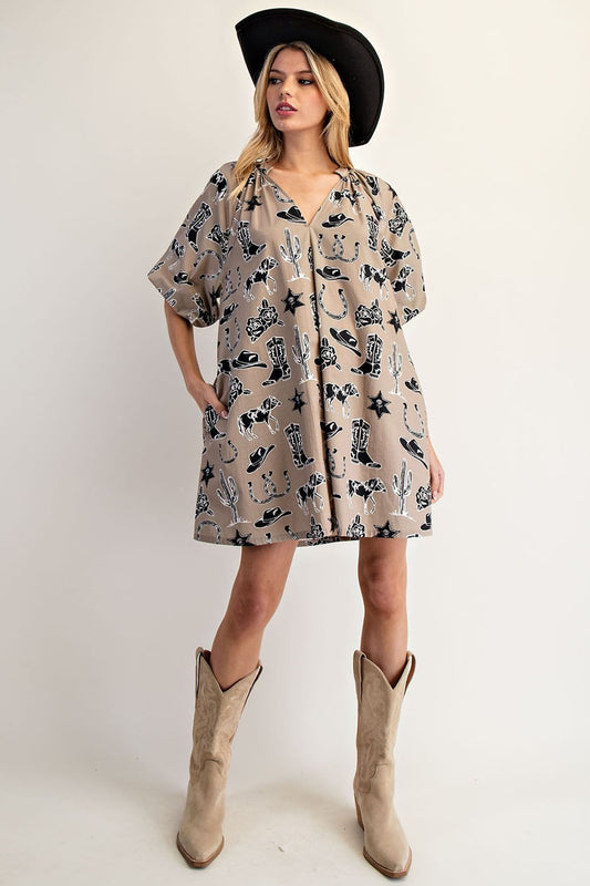 WESTERN INSPIRED NOTCHED NECK MINI DRESS COWBOY LATTE