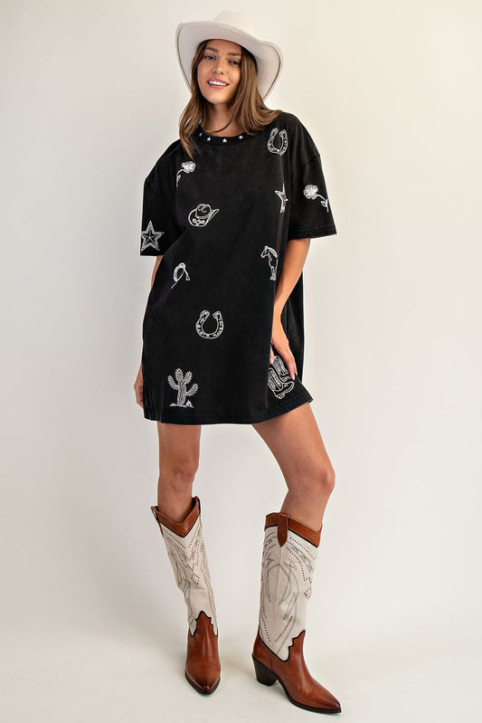 SNOW WASH WESTERN INSPIRED T-SHIRT DRESS ASH BLACK