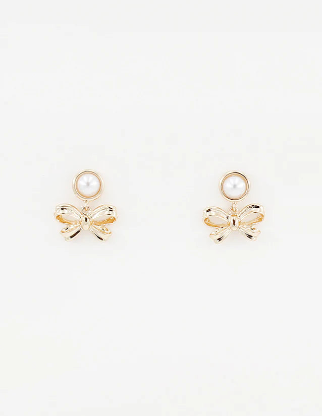 Pearl Stud with Gold Bow .75" Drop Earring