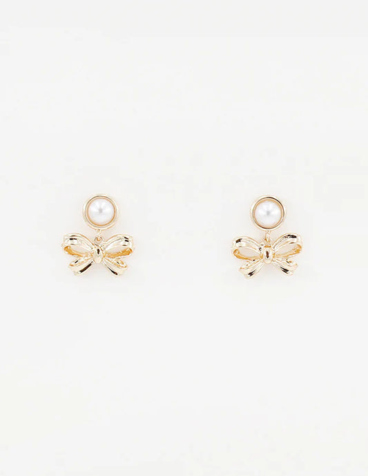 Pearl Stud with Gold Bow .75" Drop Earring