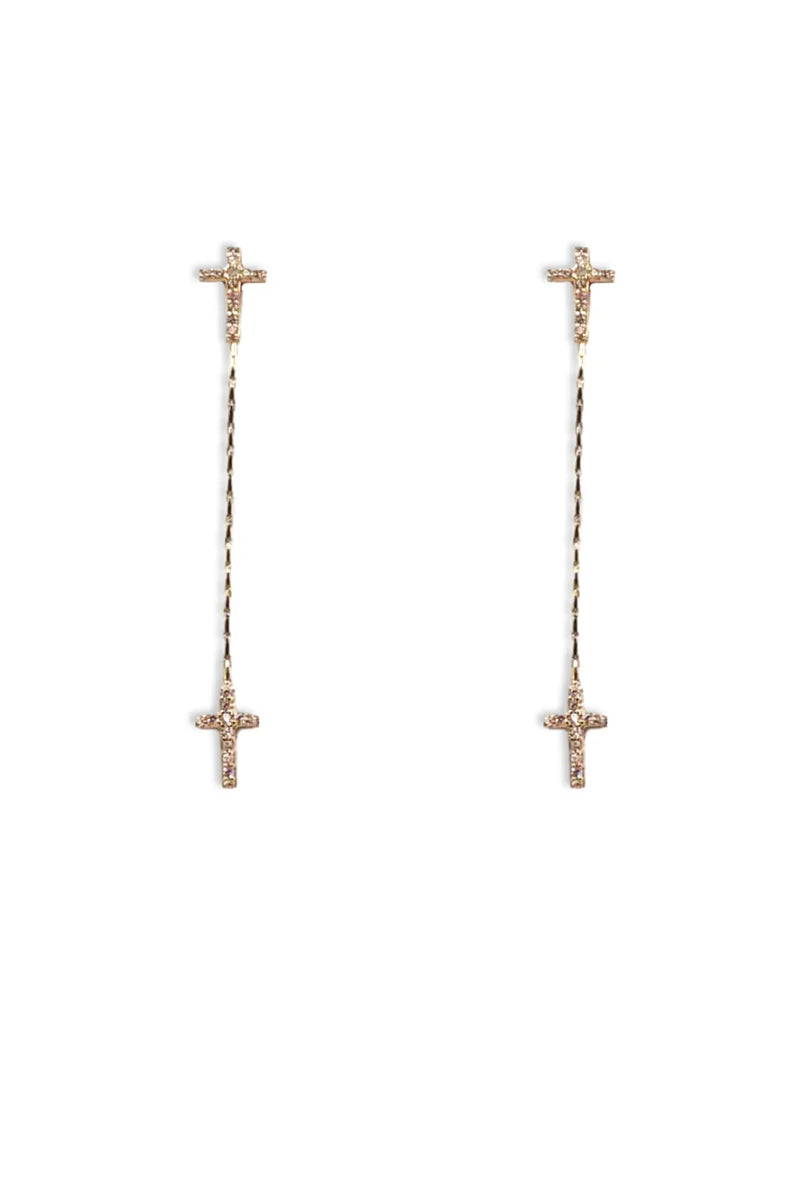 Gold Rhinestone Cross Stud with Cross Drop 2" Earring