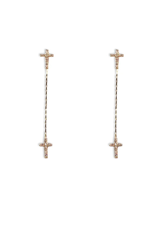Gold Rhinestone Cross Stud with Cross Drop 2" Earring