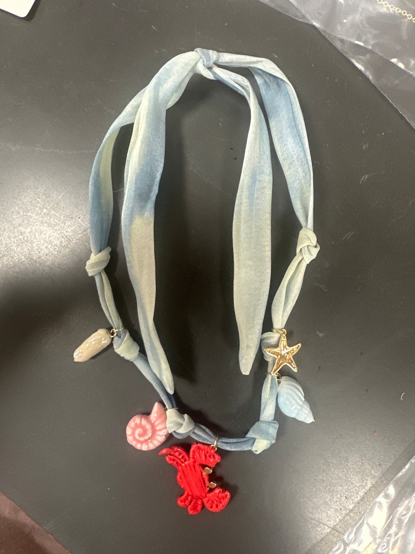 BLUE TIE DYE SCARF NECKLACE WITH OCEAN THEME CHARMS