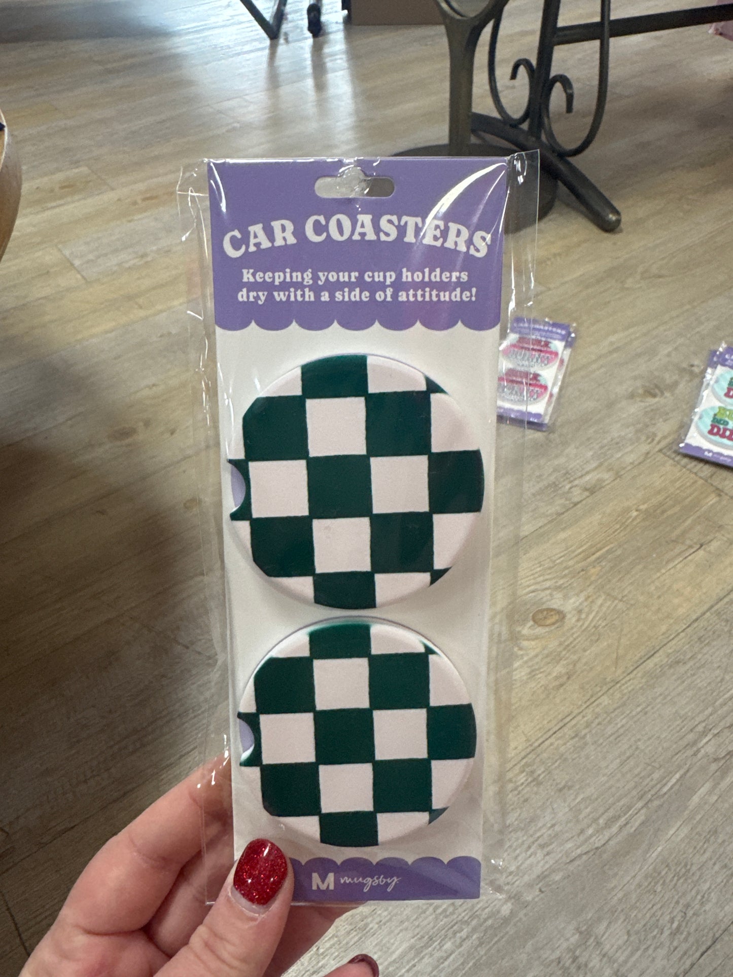 CAR COASTERS - 2PC - CHECKERED GREEN