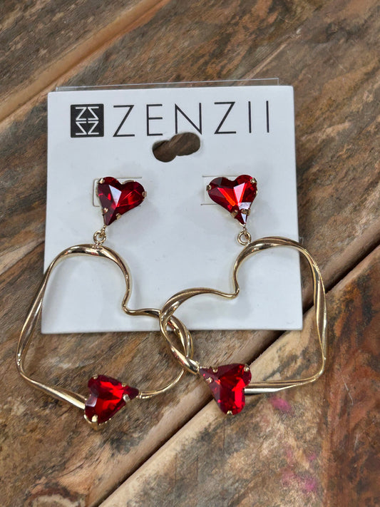 GOLD HEART SHAPE EARRINGS W/ RED CRYSTAL HEARTS