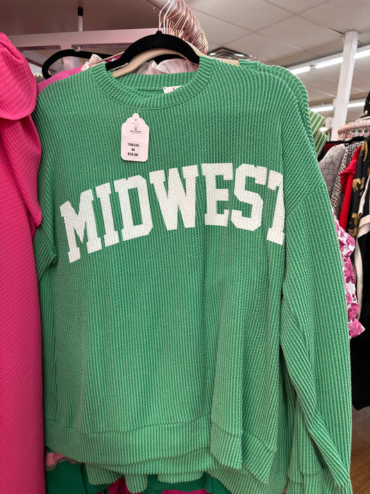 KELLY GREEN RIBBED MIDWEST BLOCK GRAPHIC TOP