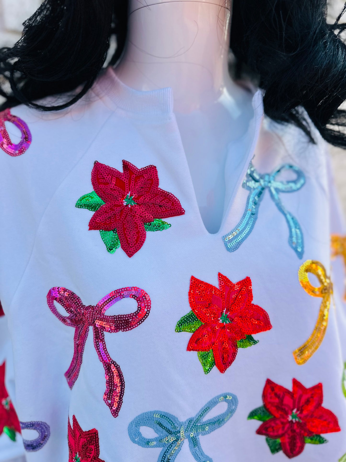 White Multi Bows & Poinsettia Sweatshirt & Short Set