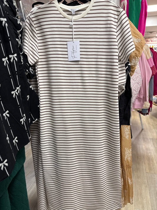 CREAM/MOCHA STRIPED KNIT MAXI DRESS