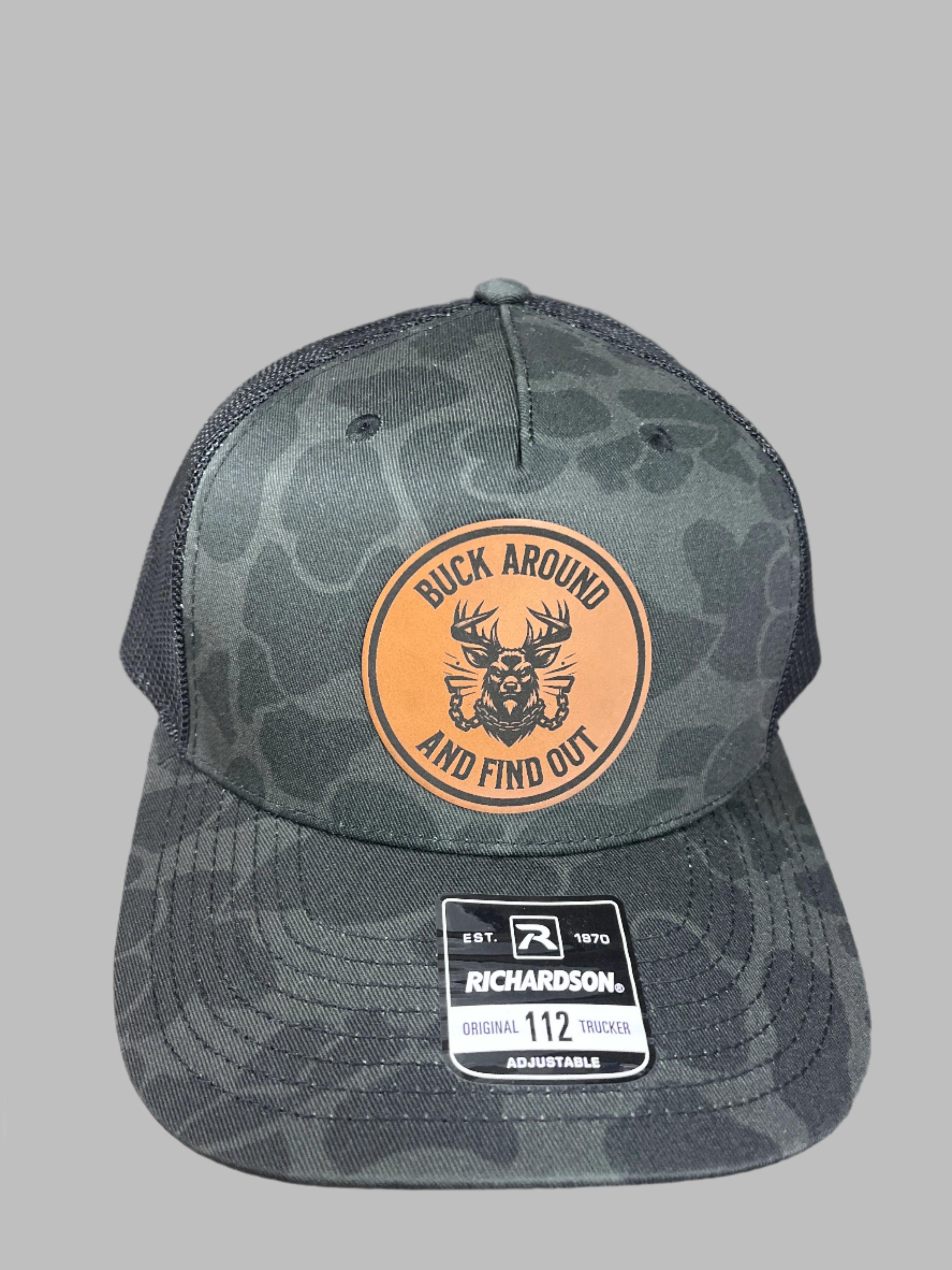 BLACK CAMO HAT - BUCK AROUND & FIND OUT PATCH