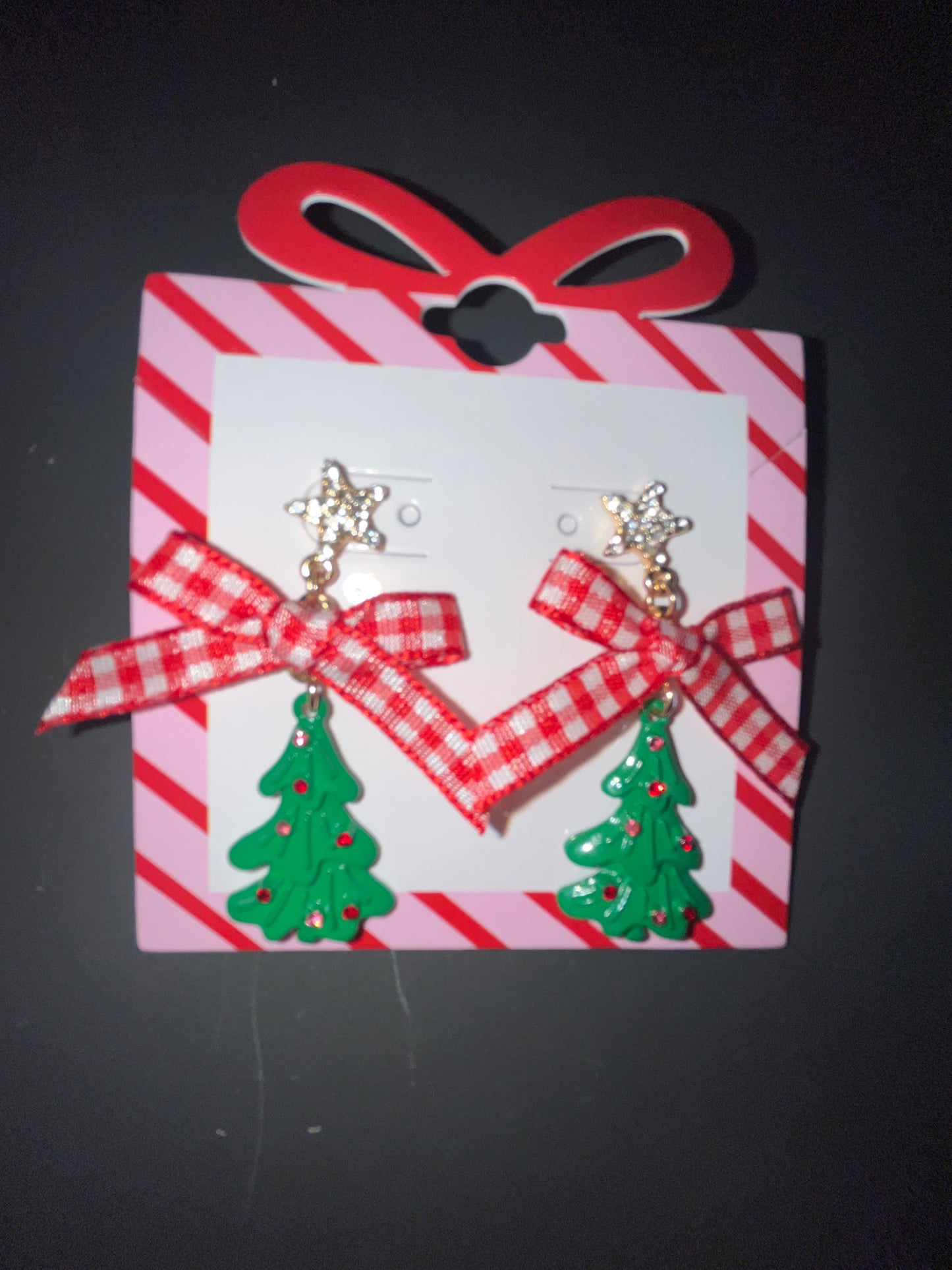 CHRISTMAS TREE W/ RIBBON POST EARRING - RED/GOLD