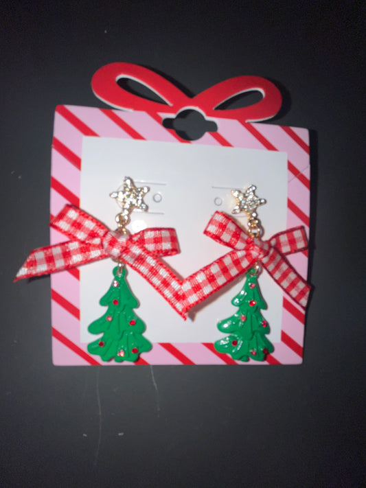 CHRISTMAS TREE W/ RIBBON POST EARRING - RED/GOLD