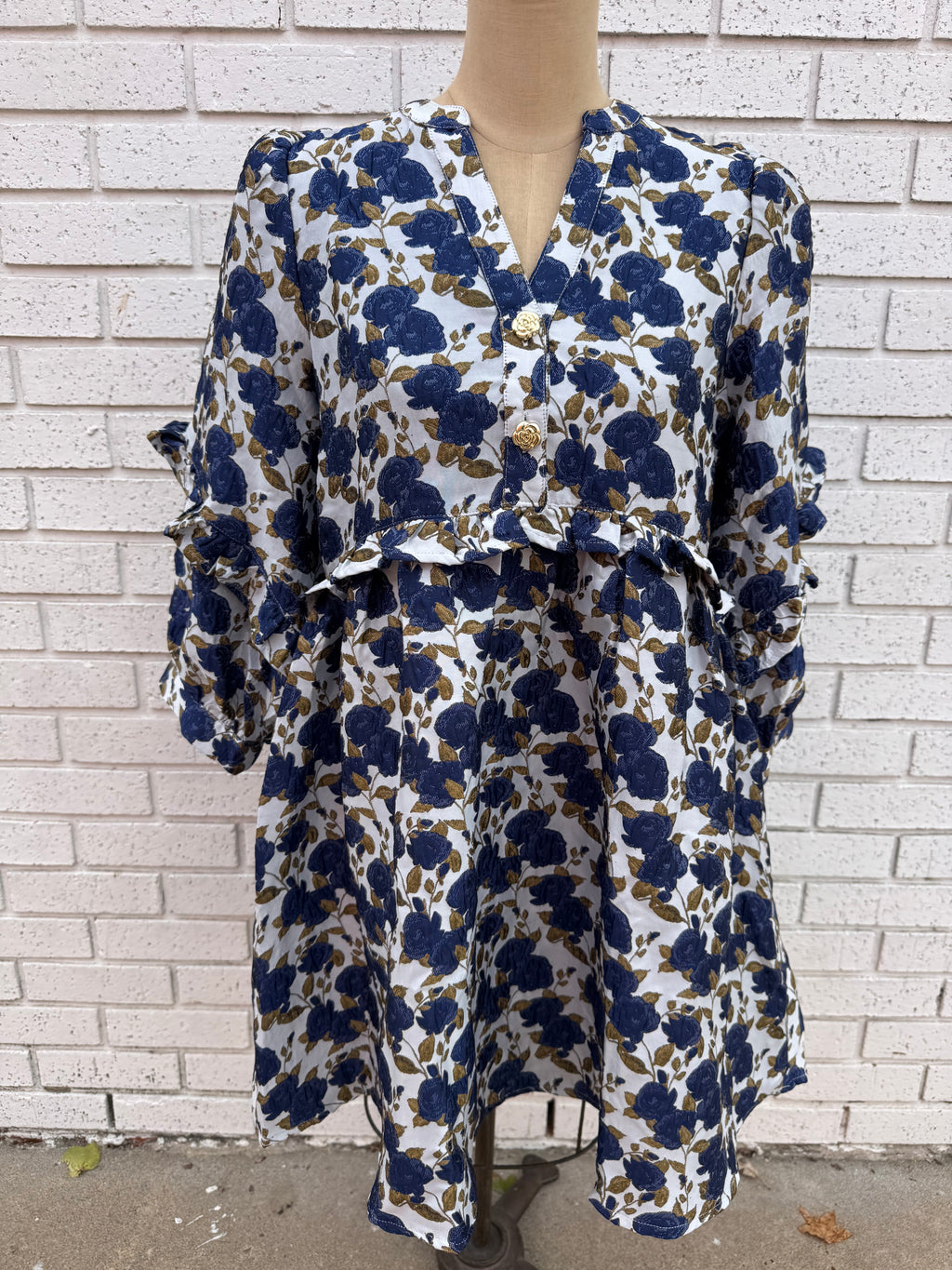 Navy Blue Floral Jacquard Dress