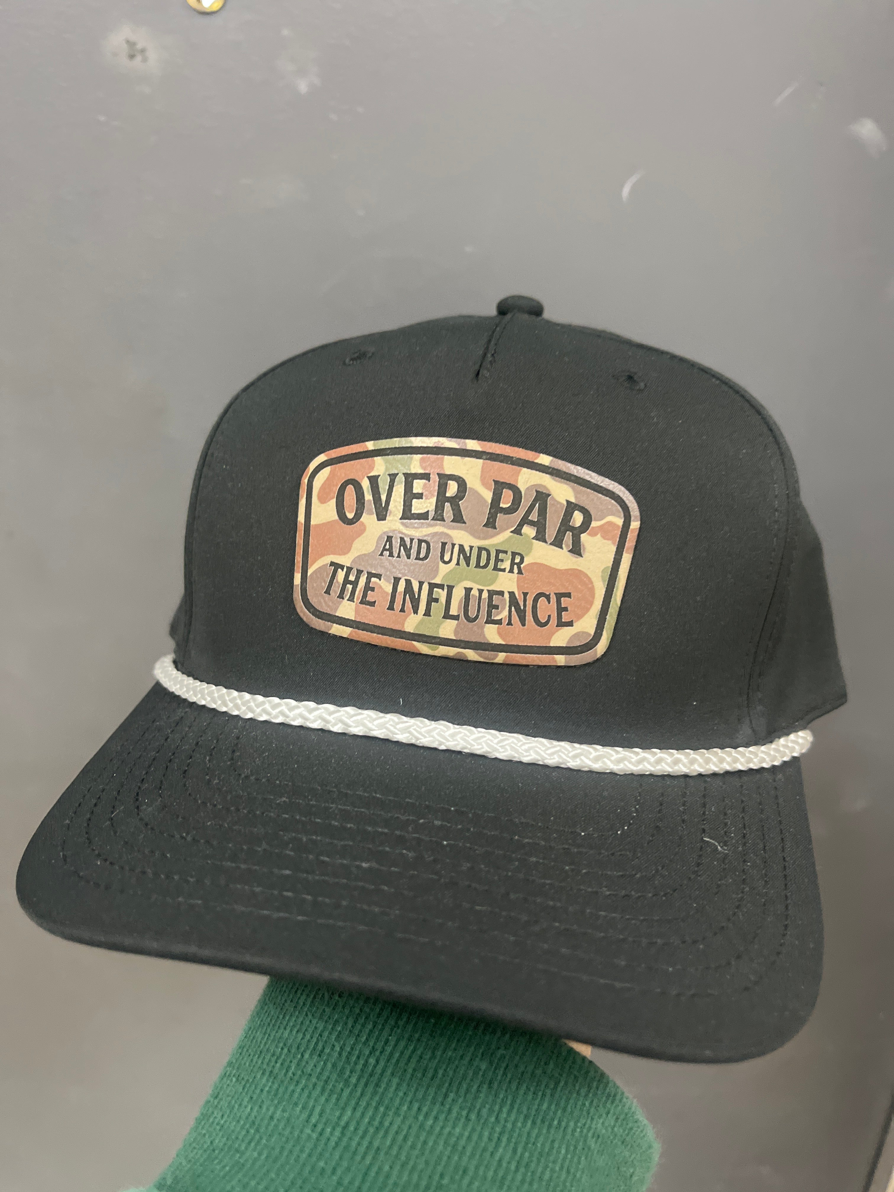 BLACK WITH WHITE ROPE HAT - OVER PAR AND UNDER INFLUENCE CAMO PATCH