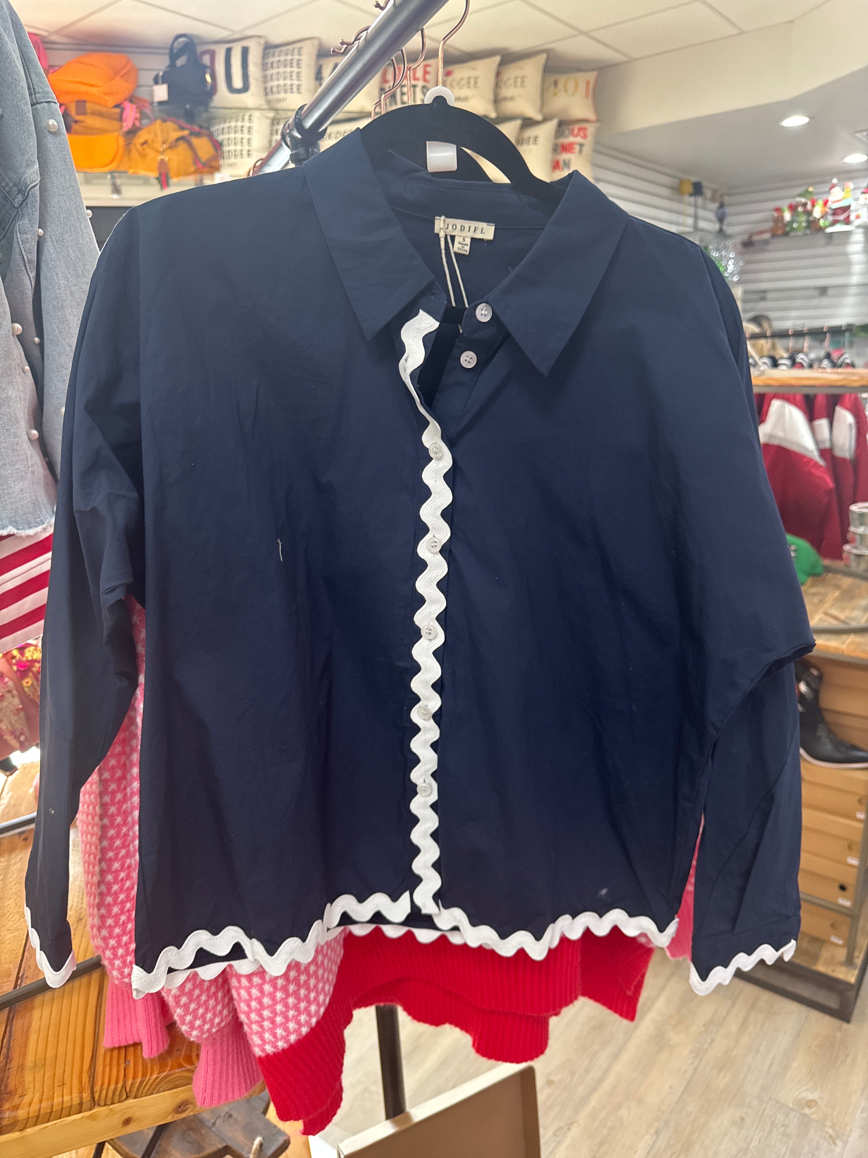 NAVY W/WHITE RIC RAC 2PC SHORT SET