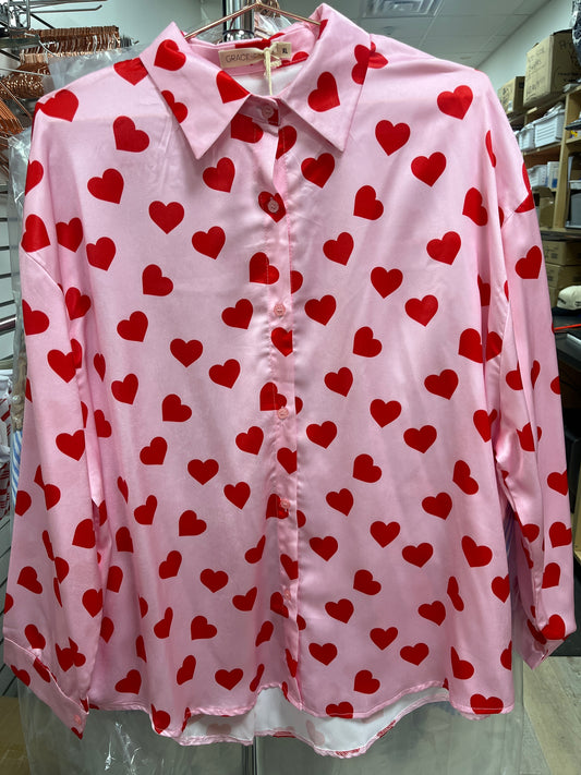 PINK BUTTON DOWN BLOUSE W/RED HEARTS