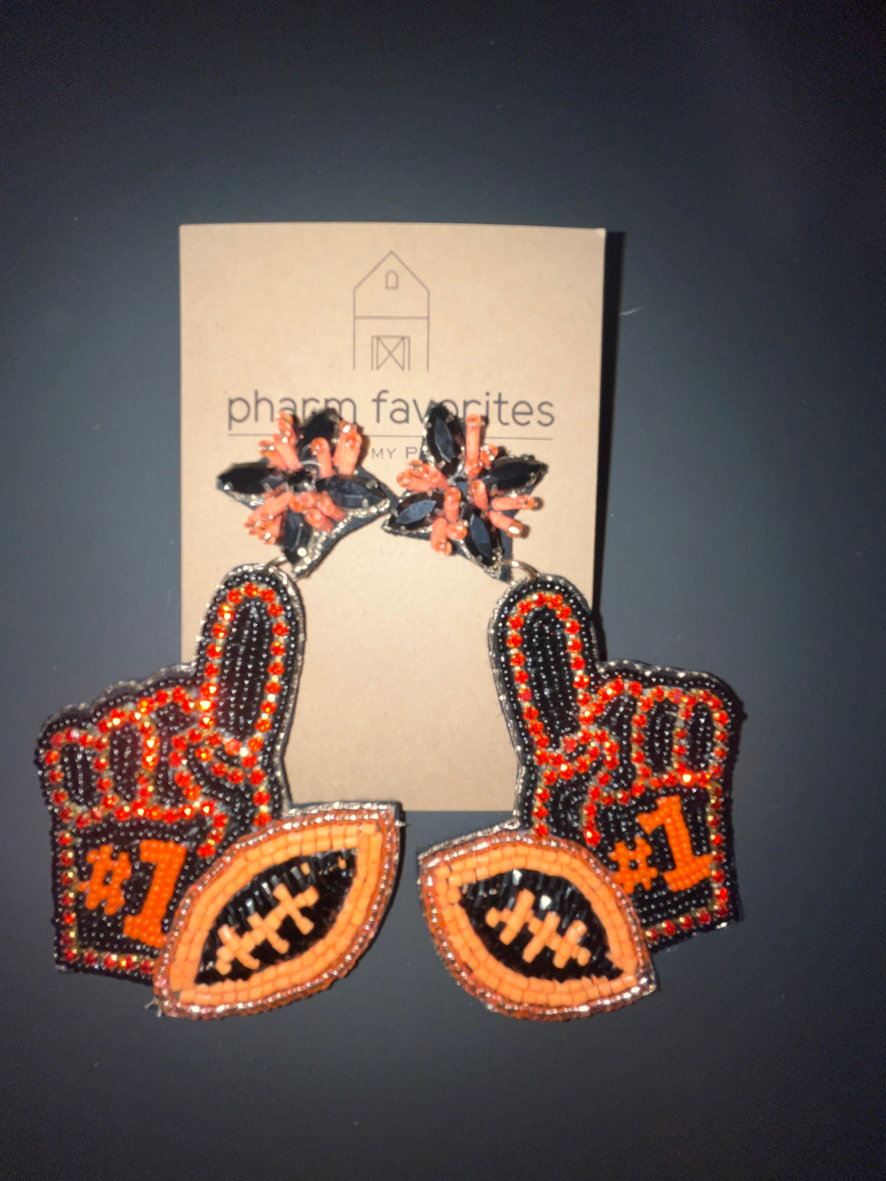 BEADED #1 HAND W/ FOOTBALL EARRING - ORANGE/BLACK