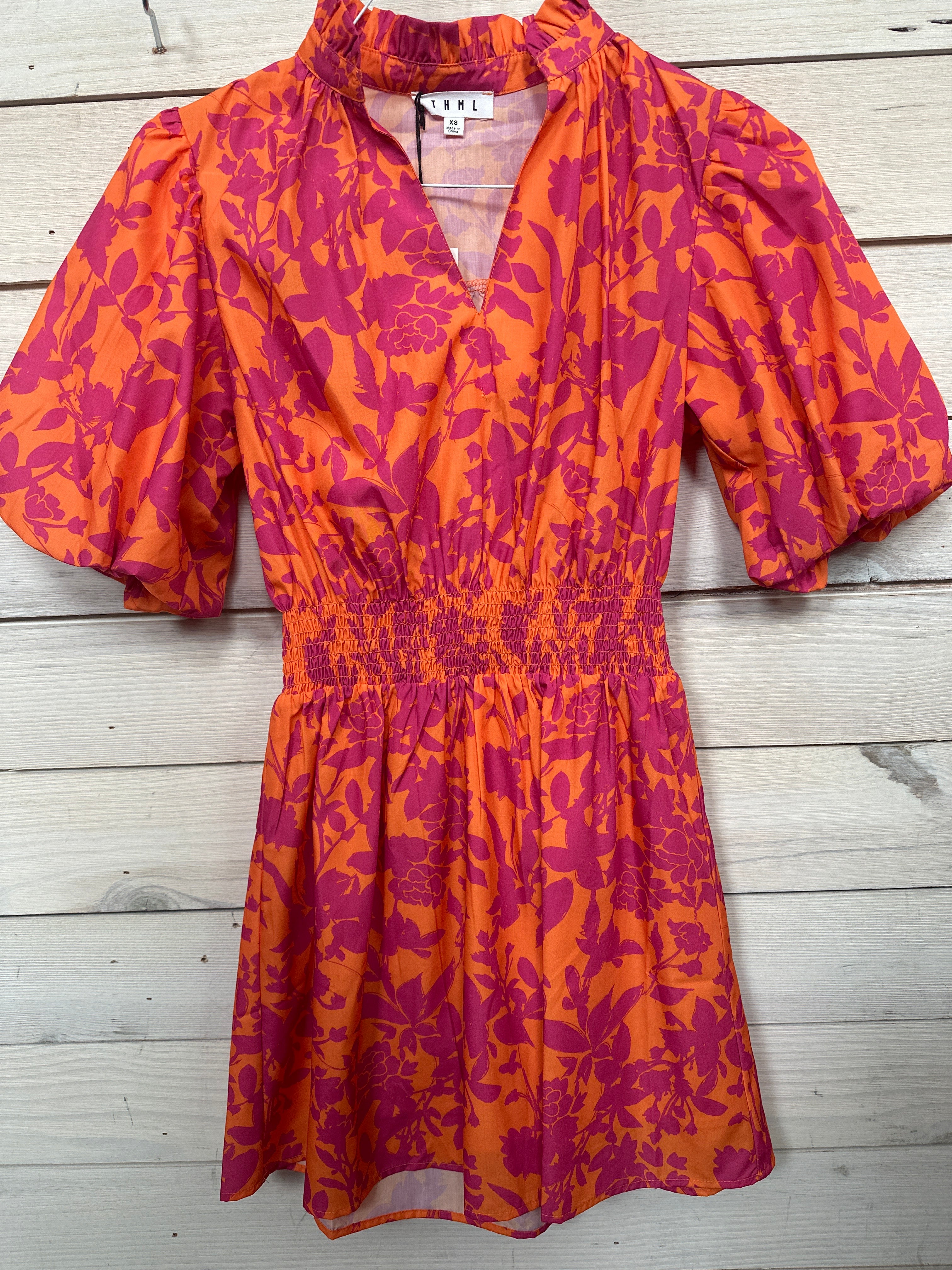 ORANGE DRESS W/PINK FLORAL DETAIL