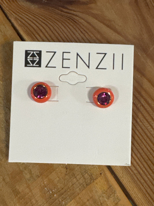 CRYSTAL ENCASED ENAMEL STUD EARRINGS - CORAL
