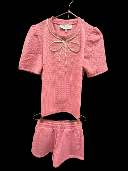 PINK W/PEARL RIBBON TRIM TEXTURED SHORT SET
