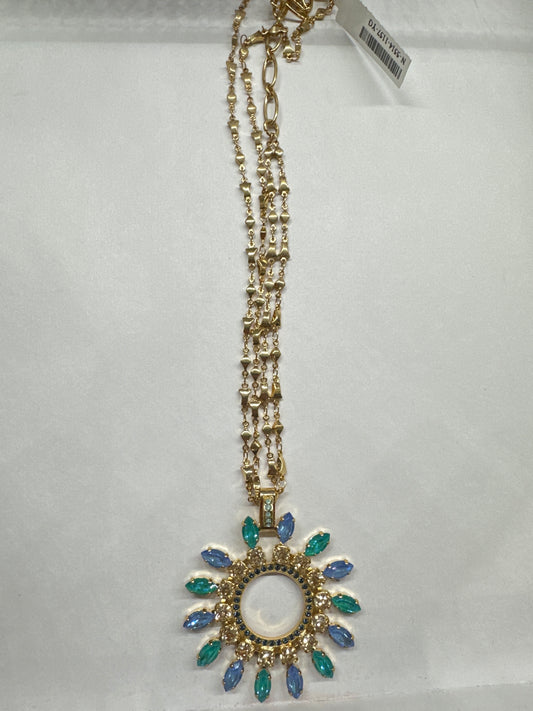 MARIANA NKLC-YG-CIRCLE PENDANT W/BLUE&TEAL STONES