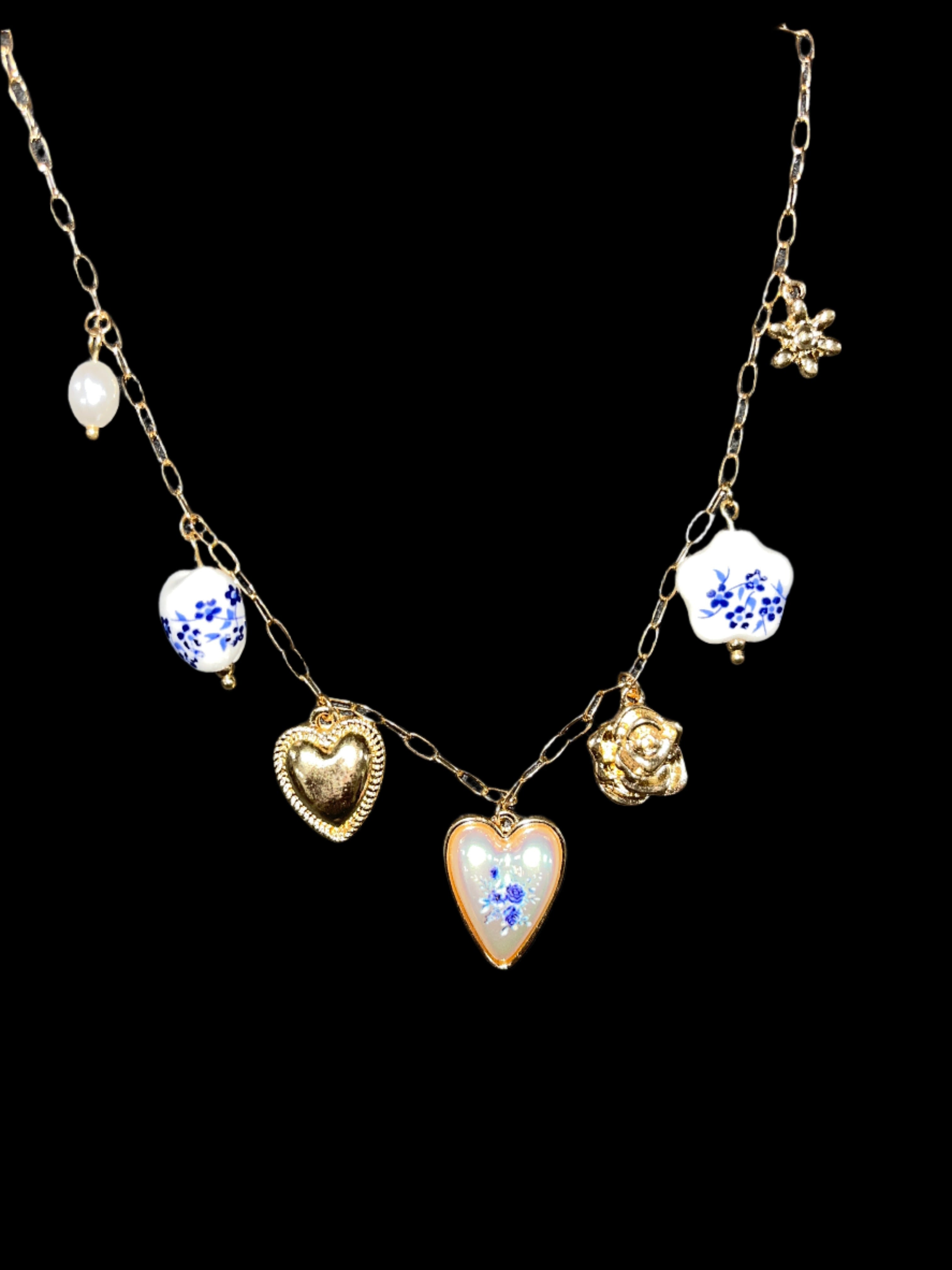 GOLD MULTI CHARM NECKLACE W/BLUE FLORAL CHARMS
