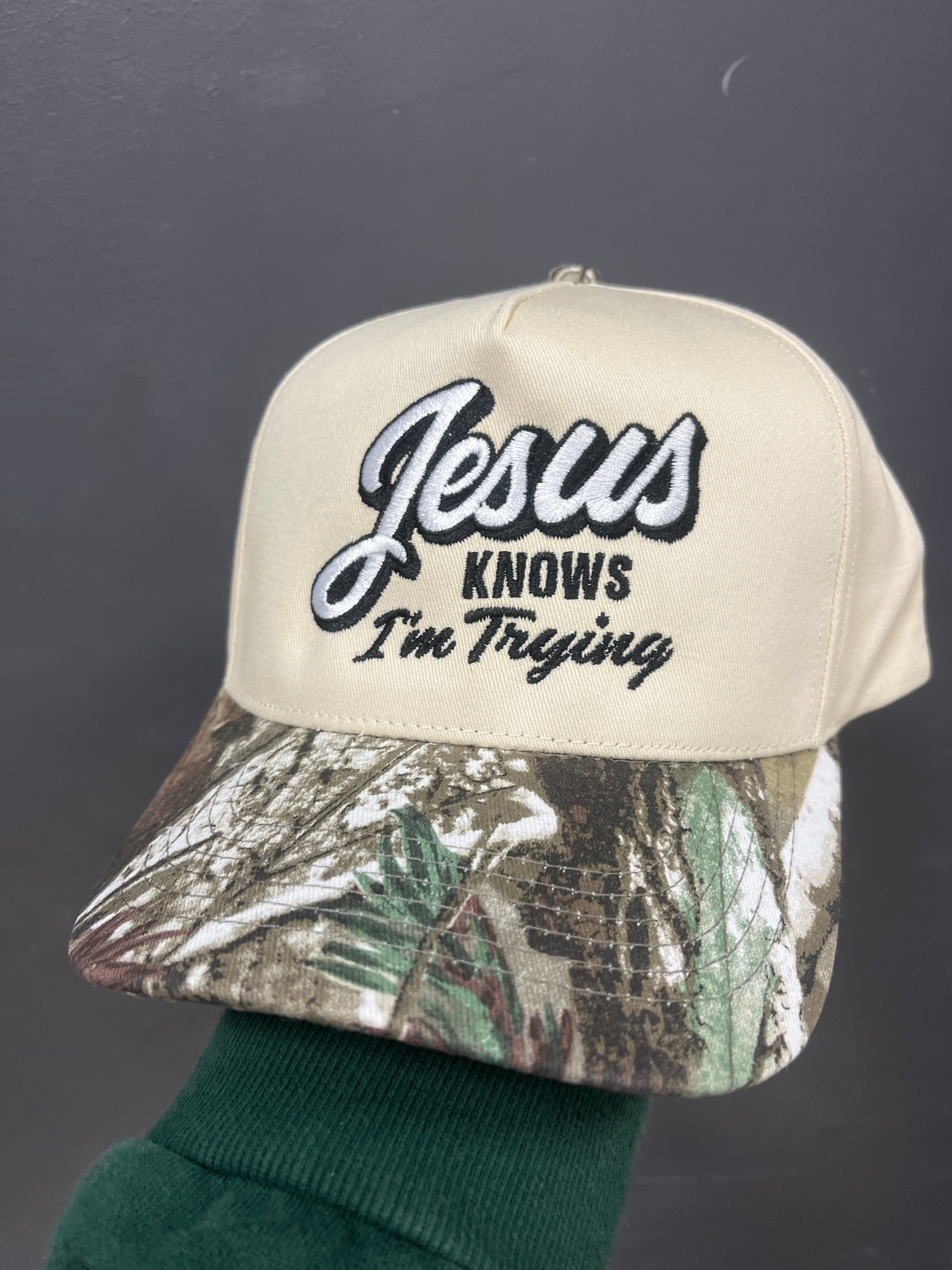 IVORY/CAMO HAT - JESUS KNOWS I'M TRYING