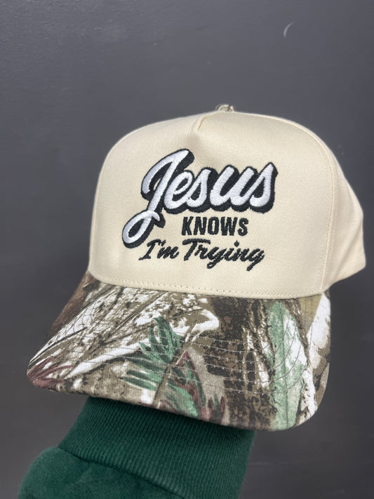 IVORY/CAMO HAT - JESUS KNOWS I'M TRYING