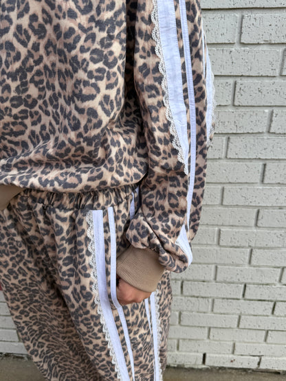 LEOPARD FRENCH TERRY LACE CONTRAST 2PC SWEAT SET