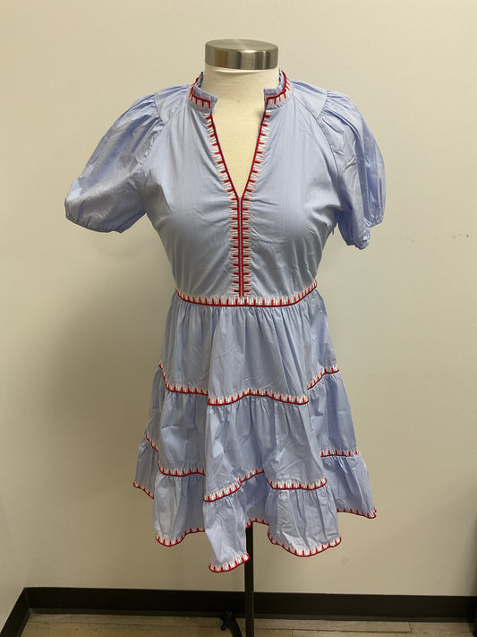 BLUE RUFFLE DRESS WITH RED/PINK CONTRAST