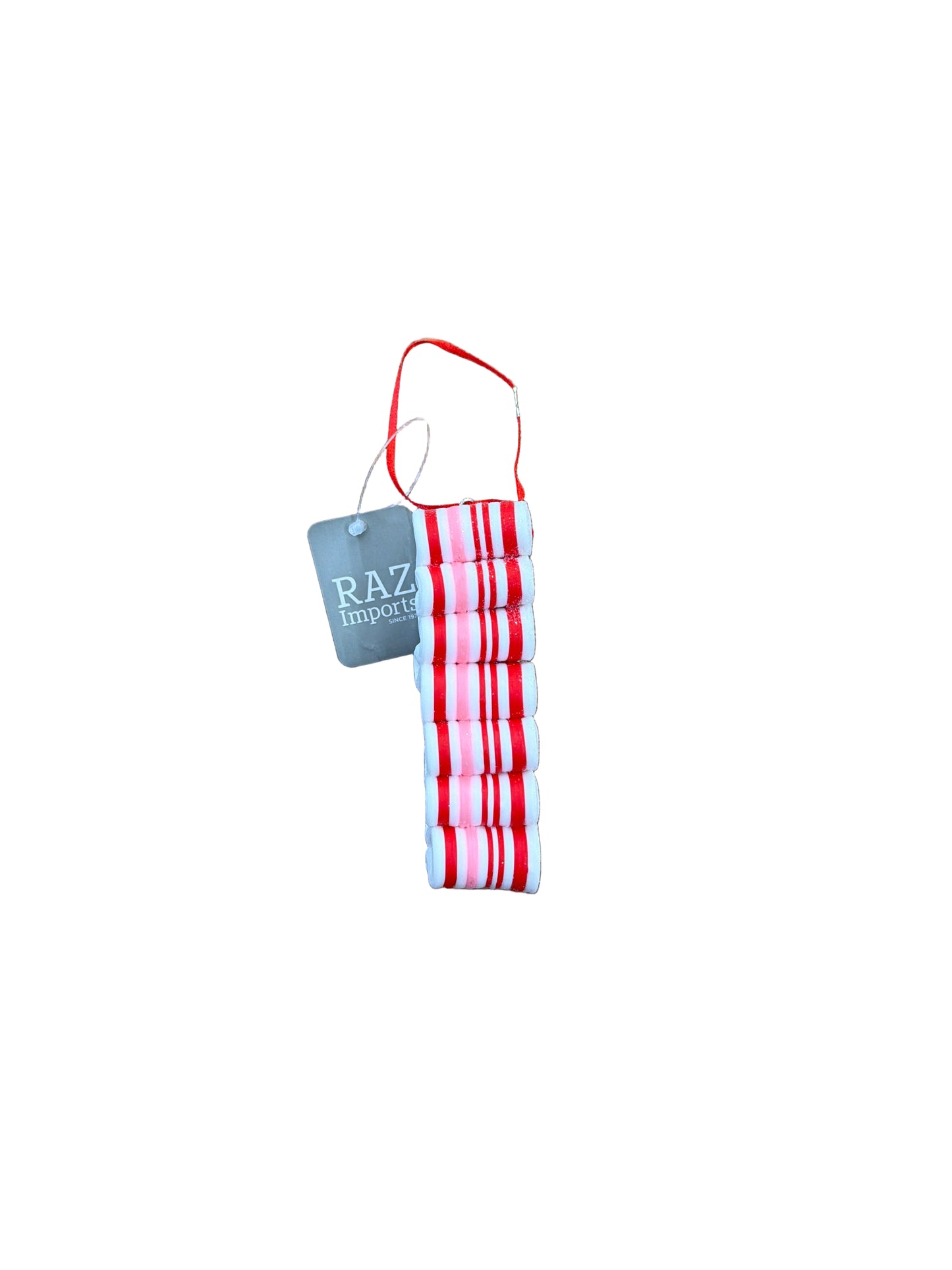 RAZ ORNAMENT-RED WHITE AND PINK RIBBON CANDY
