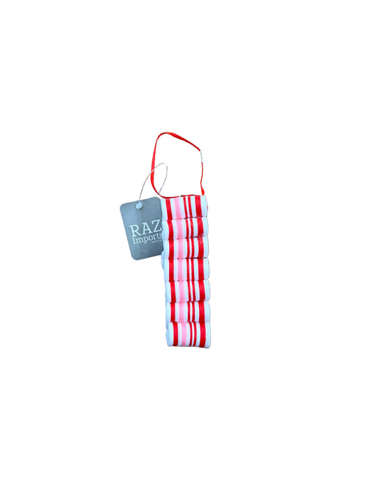 RAZ ORNAMENT-RED WHITE AND PINK RIBBON CANDY