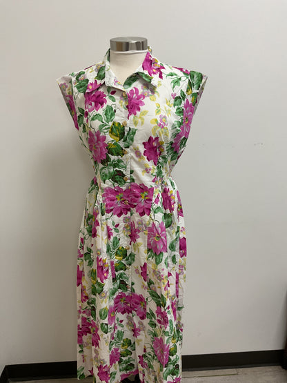 FLORAL CAP SLEEVE MIDI DRESS WITH PLEATED WAIST - CREAM