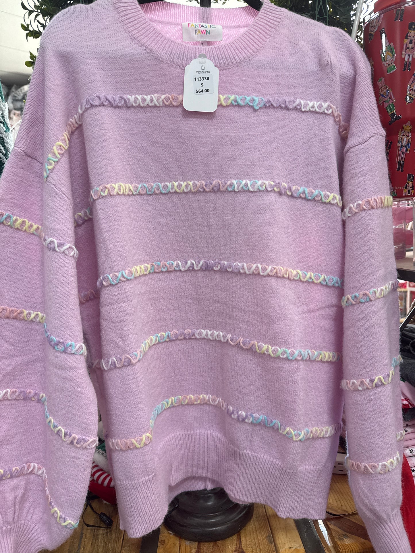 LAVENDER SWEATER W/PASTEL RAINBOW STITCH STRIPE