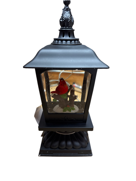 CARDINAL ON BRANCH BLACK GLITTER LANTERN